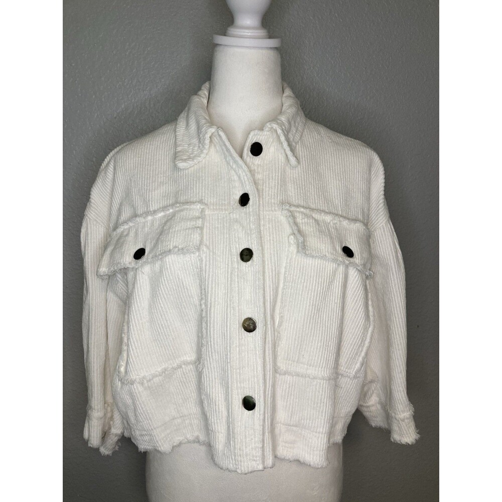 POL Jacket Womens M Ivory White Corduroy Raw Edge Cotton Trucker Puff Sleeve